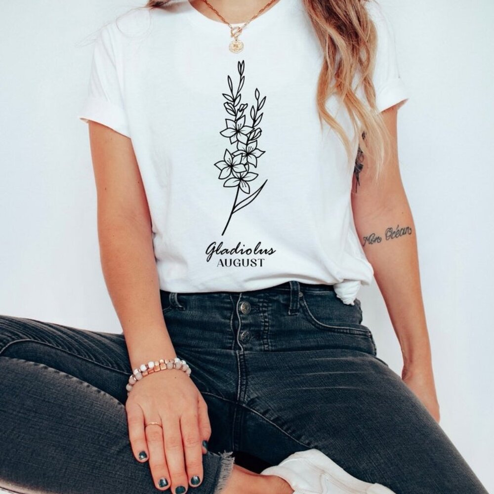 August Birth Flower Shirt, Minimalist Gladiolus Tee, Summer Birthday Gift